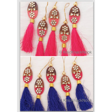 Pink / Blue Tassels With Red And Brown Wood Buttons With Kundan Stones, Indian Tassels, Wedding Supplies